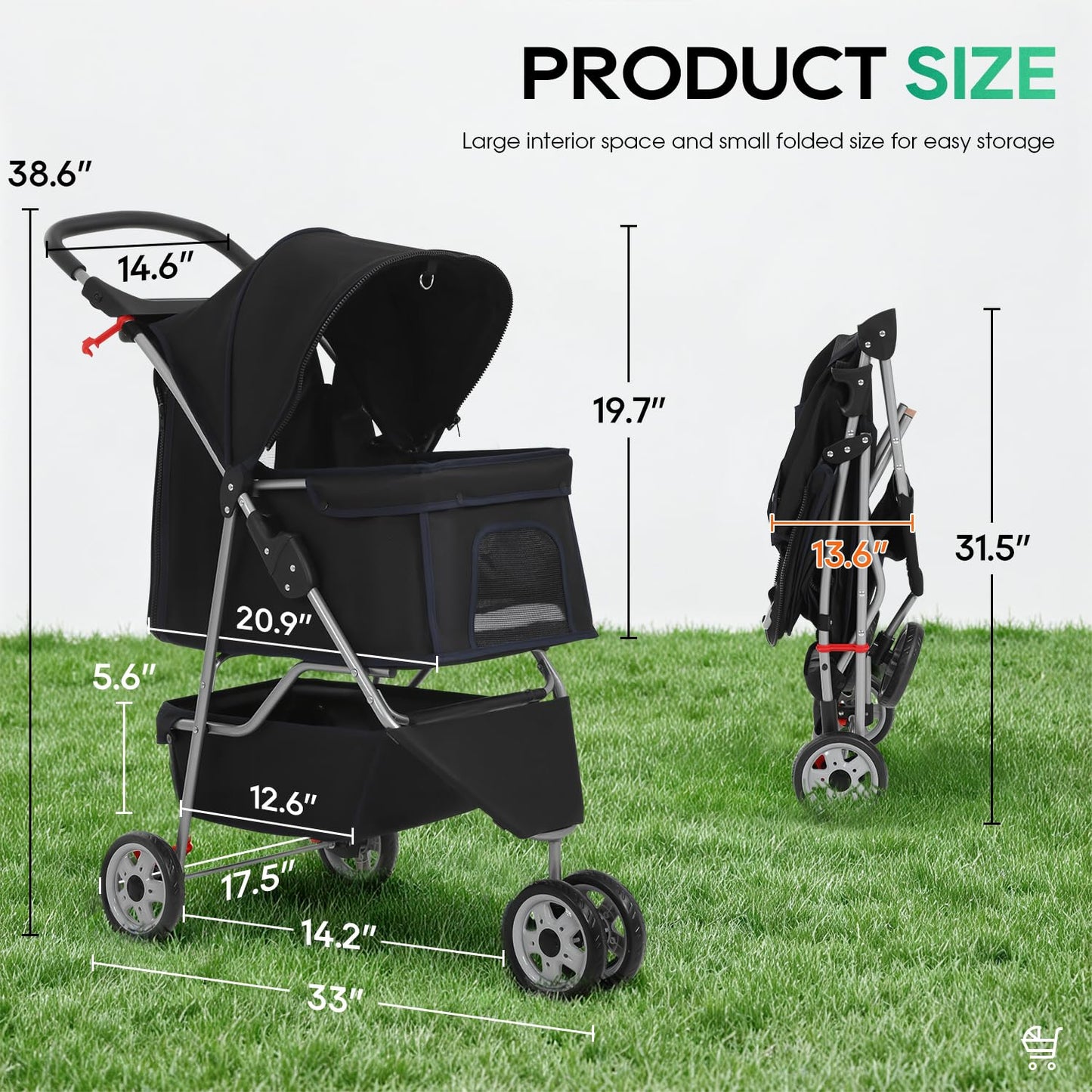 | 3-Wheel Pet Stroller | Dog and Cat Stroller | Breathable Mesh | Lightweight Travel Carrier | Waterproof & Foldable Design | Storage Basket | Black | for Daily Walks & Outdoor Use