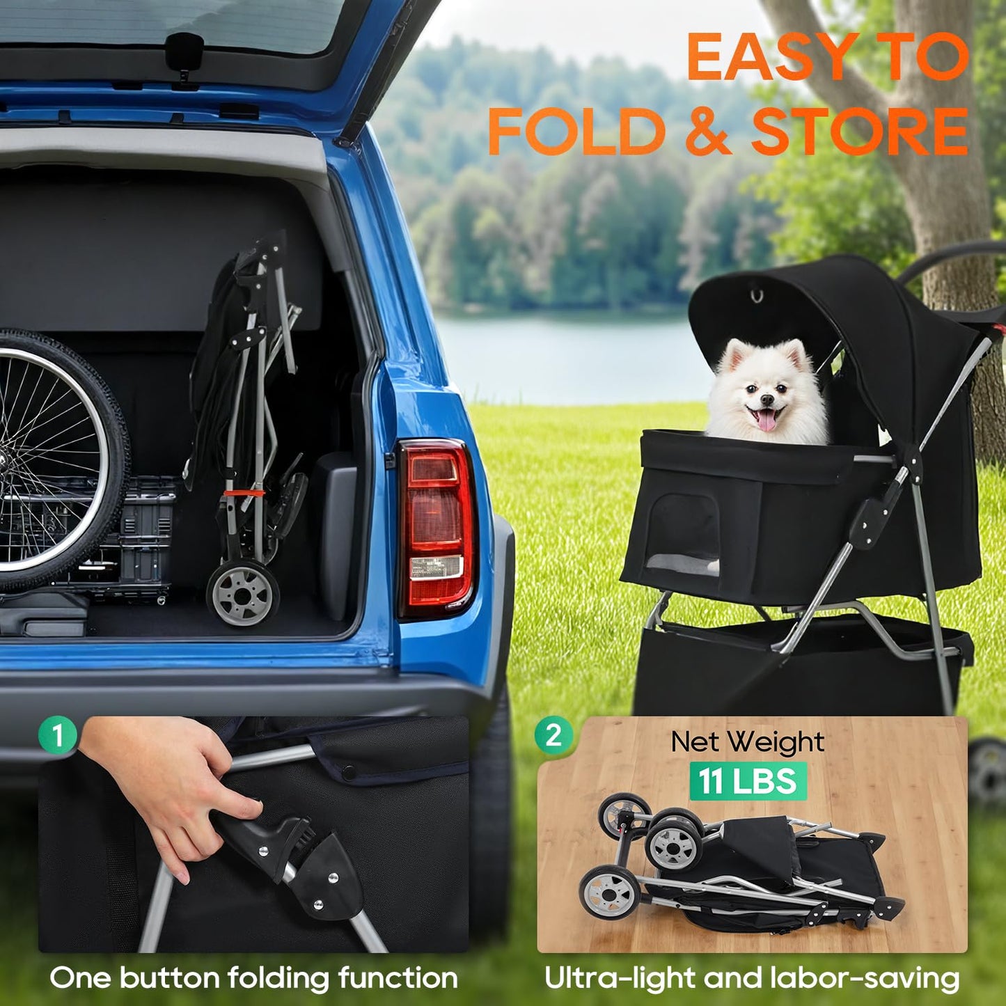 | 3-Wheel Pet Stroller | Dog and Cat Stroller | Breathable Mesh | Lightweight Travel Carrier | Waterproof & Foldable Design | Storage Basket | Black | for Daily Walks & Outdoor Use