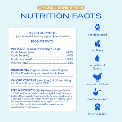 Bone Broth for Dogs and Cats - Chicken Bone Broth Powder Dog Food Toppers for Picky Eaters - Provides Extra Nutrition for Joint Strength, Immune Support & Heart Health - 96 Scoops