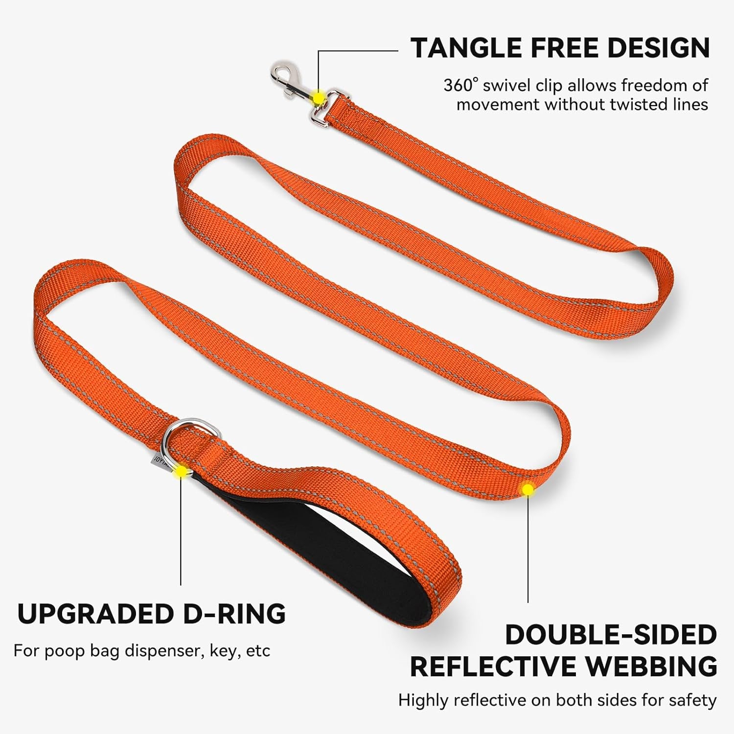 Dog Leash, 5 FT Double-Sided Reflective, Padded Handle Nylon Heavy Duty Leashes for Medium & Large Dogs Walking, Orange