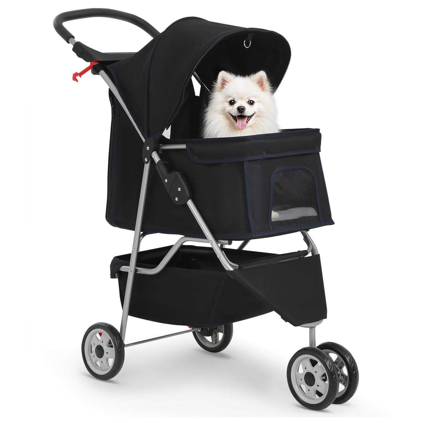 | 3-Wheel Pet Stroller | Dog and Cat Stroller | Breathable Mesh | Lightweight Travel Carrier | Waterproof & Foldable Design | Storage Basket | Black | for Daily Walks & Outdoor Use