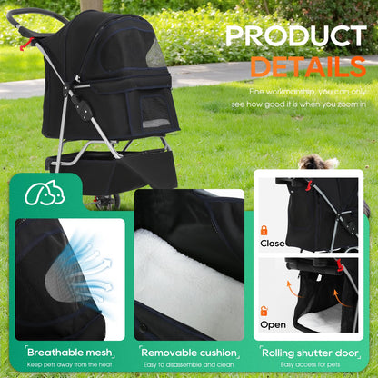 | 3-Wheel Pet Stroller | Dog and Cat Stroller | Breathable Mesh | Lightweight Travel Carrier | Waterproof & Foldable Design | Storage Basket | Black | for Daily Walks & Outdoor Use