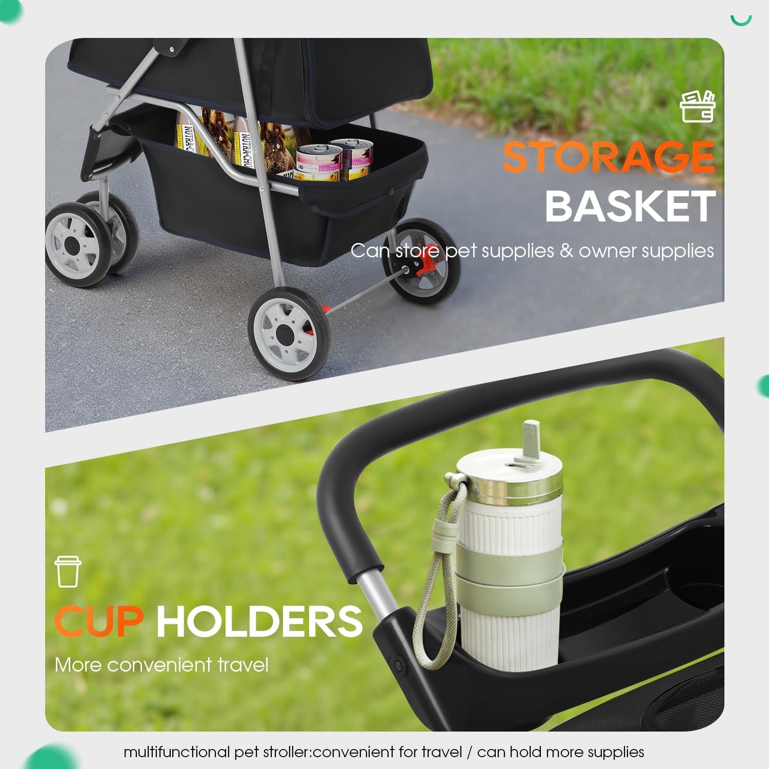 | 3-Wheel Pet Stroller | Dog and Cat Stroller | Breathable Mesh | Lightweight Travel Carrier | Waterproof & Foldable Design | Storage Basket | Black | for Daily Walks & Outdoor Use
