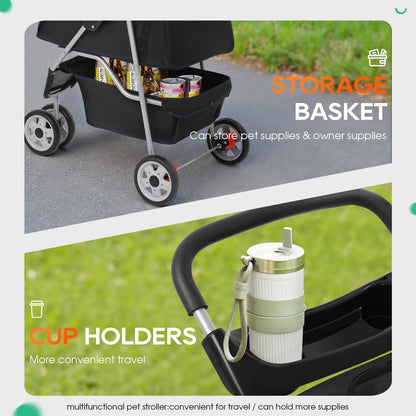 | 3-Wheel Pet Stroller | Dog and Cat Stroller | Breathable Mesh | Lightweight Travel Carrier | Waterproof & Foldable Design | Storage Basket | Black | for Daily Walks & Outdoor Use