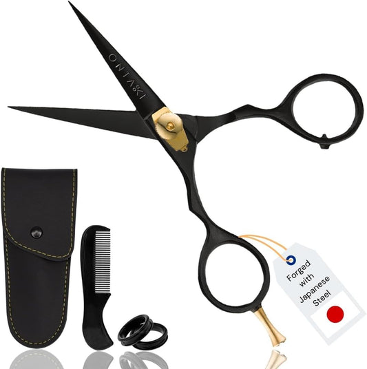 Beard & Mustache Scissors for Men - 5.5" Japanese Steel, Black - Precision Sharp Blades, Ergonomic Finger Rest & Adjustable Tension Screw for Perfect Trimming - Beard Scissors for Men